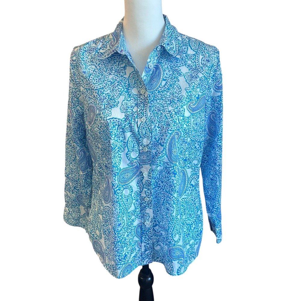 Talbots Petite Shirt Women's MP Blue White Paisley Print Button Down Shirt Top - Picture 1 of 10
